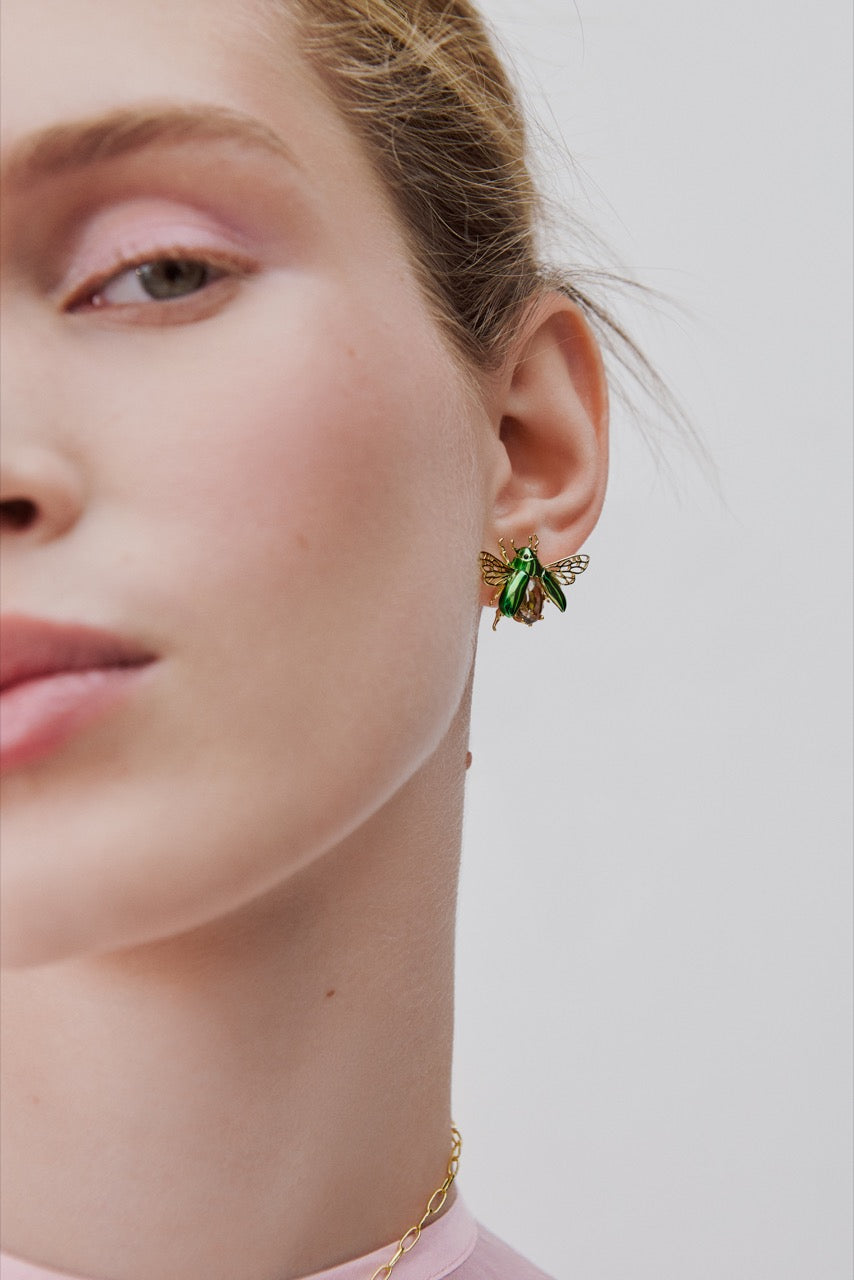 Sleeper Flying Green Rose Chafer & Black Crystal Earrings | AWCC1071