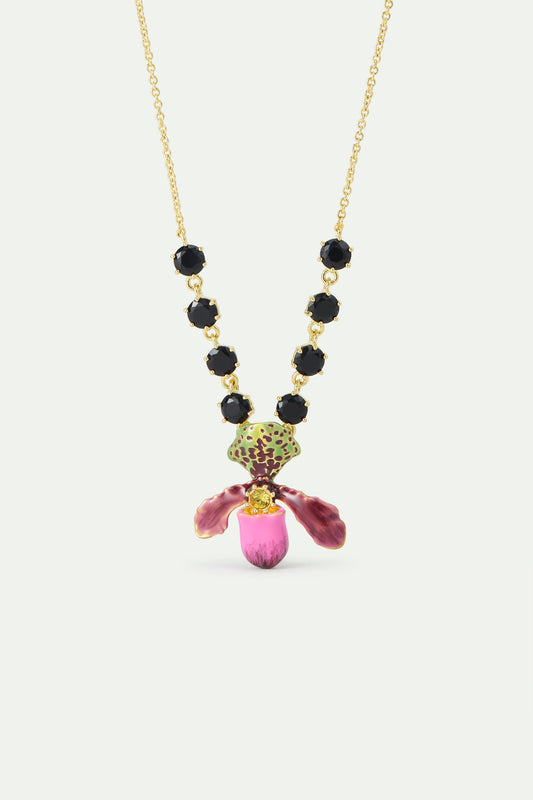 Purple Lady'S Slipper Orchid Black Crystal Stones Necklace