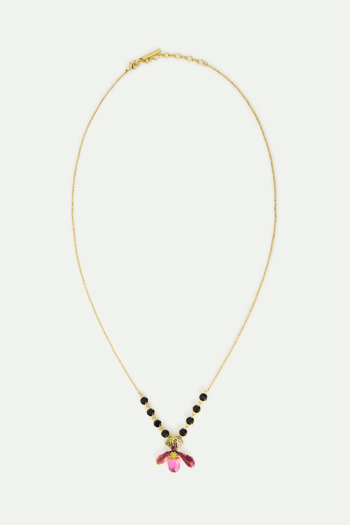 Purple Lady'S Slipper Orchid Black Crystal Stones Necklace | AWCC3011