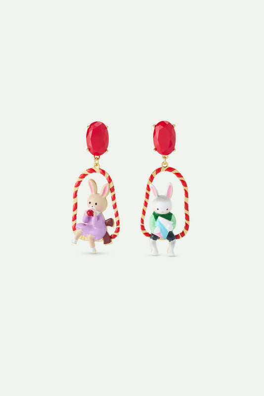 Asymmetrical Dangle Rabbit Hansel & Gretel On Red Swing Earrings