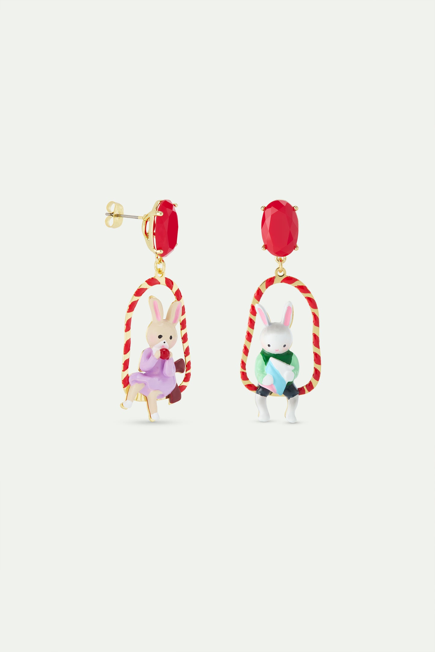 Asymmetrical Dangle Rabbit Hansel & Gretel On Red Swing Earrings
