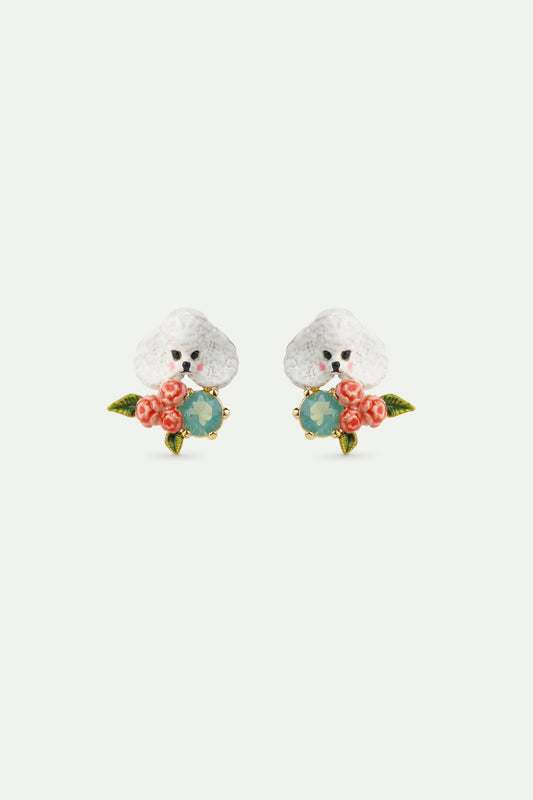 Poodle. Pink Flowers And Blue Stone Earrings