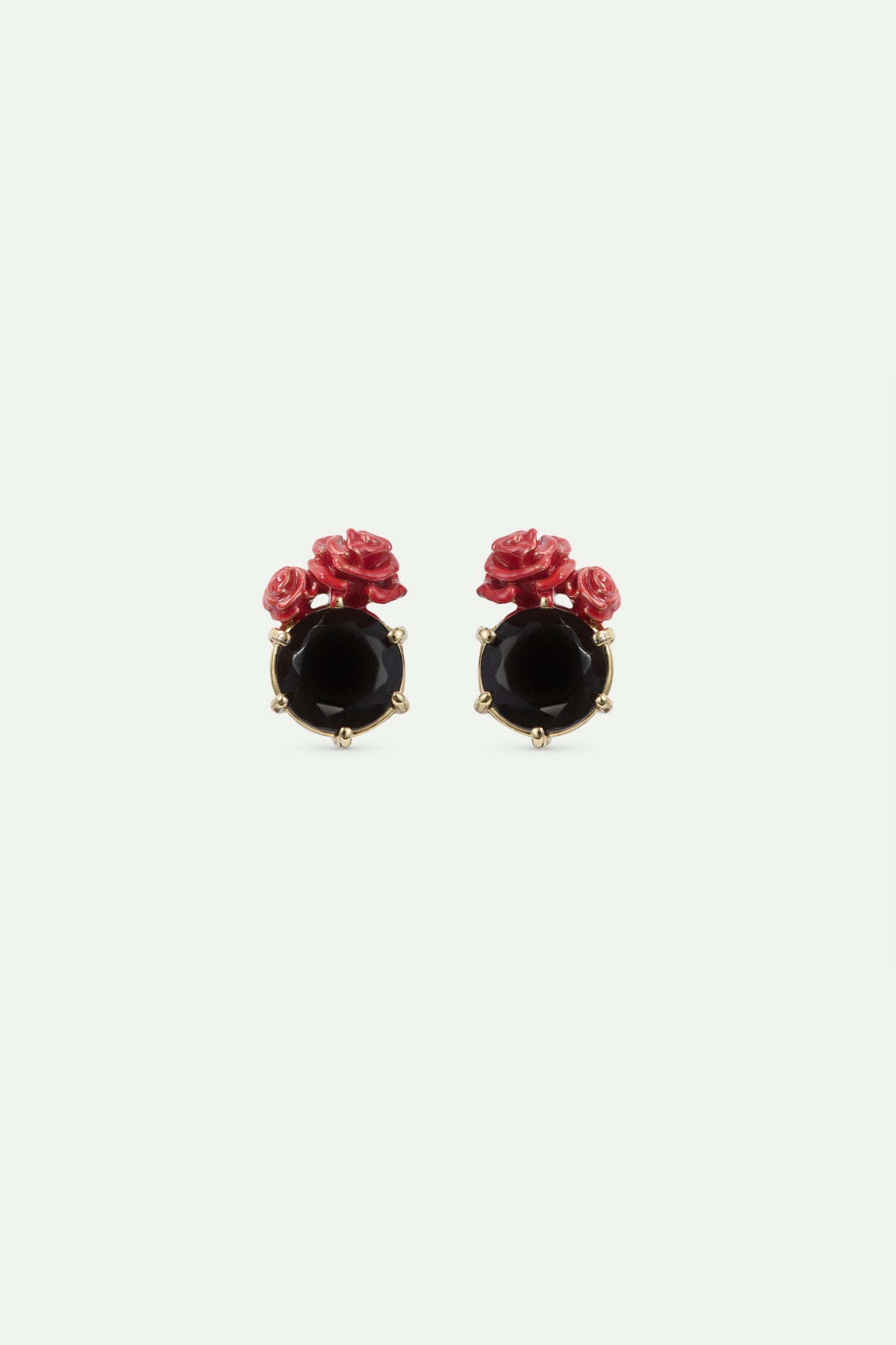 Black Faceted Stone And Red Rose Sleeper Earrings