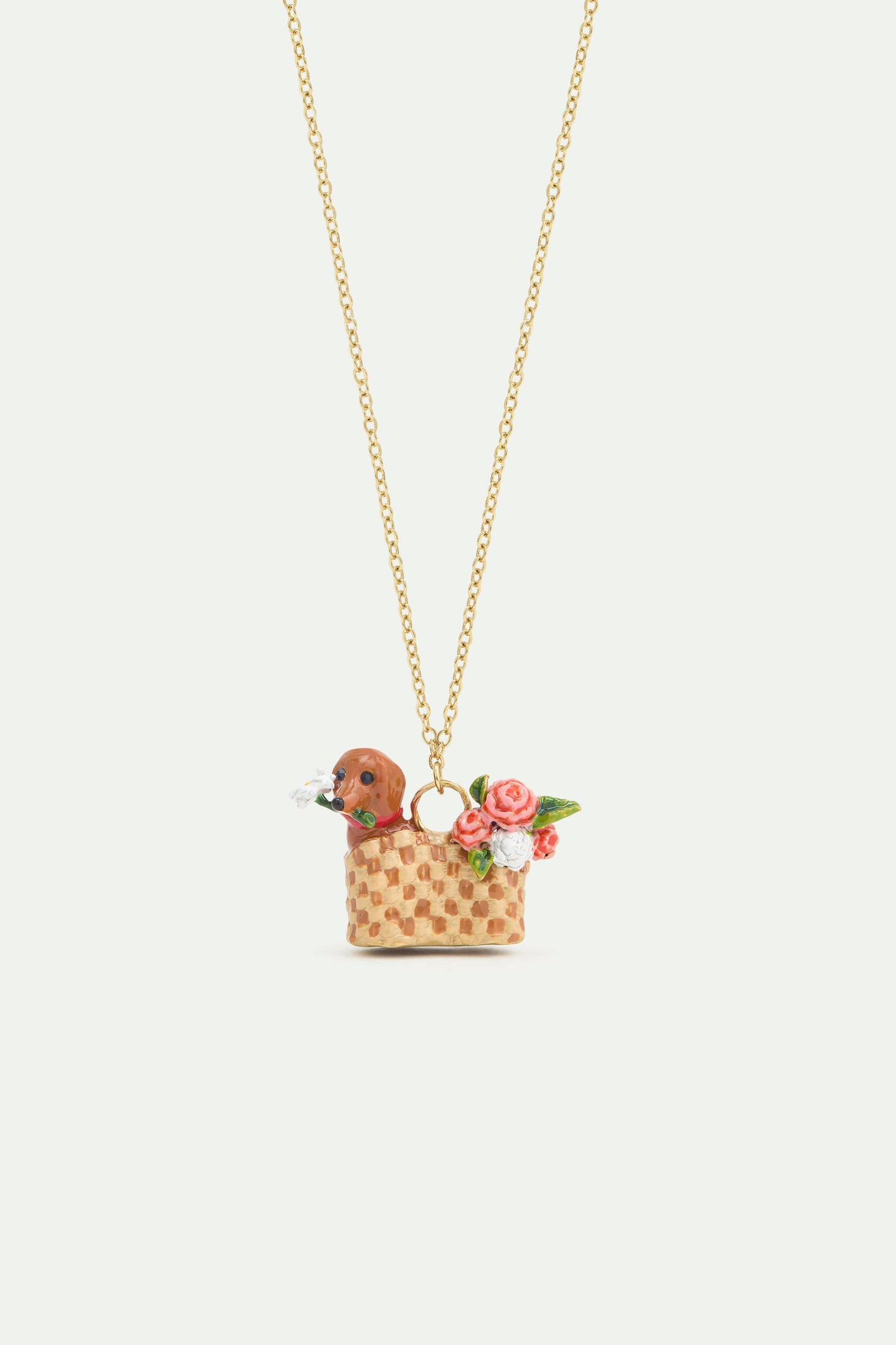 Basket. Dachshund And Flower Pendant Necklace