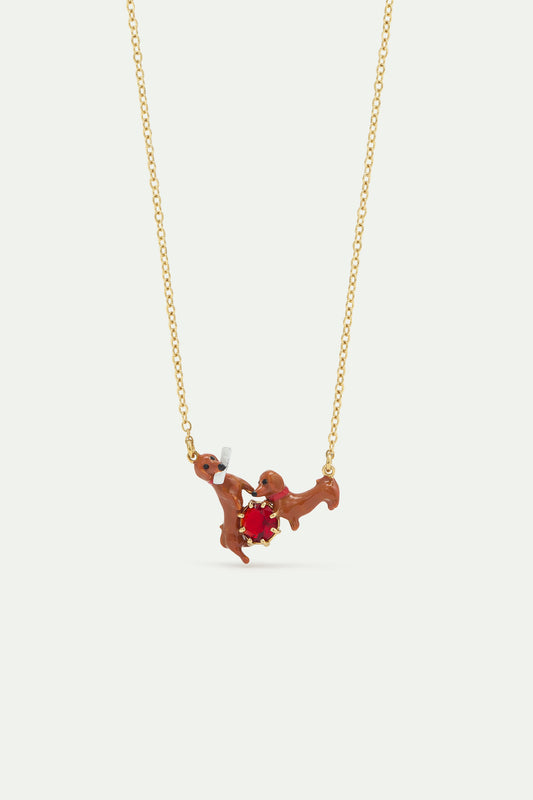 Dachshund And Red Round Stone Statement Necklace