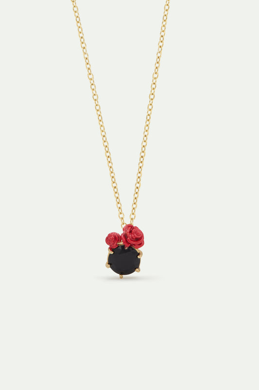 Black Faceted Stone And Red Rose Pendant Necklace