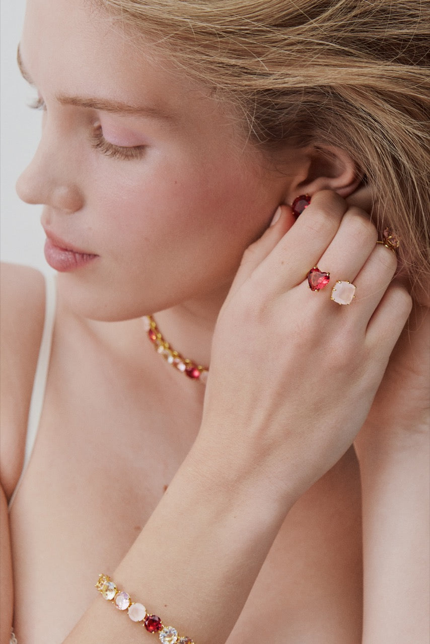 Dark Pink & Light Pink Diamantine You & Me Heart-Shaped & Square Stones. Ring | AWLD6181