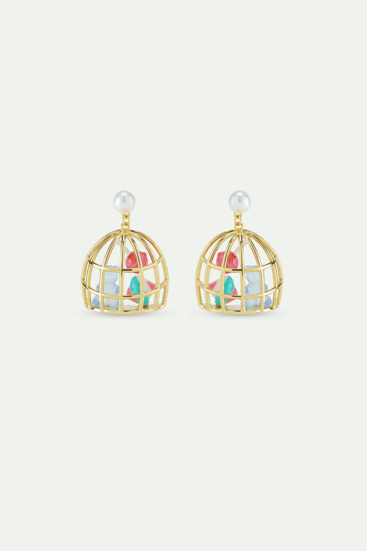 Gold Cage Blue Teddy Bear Sweet Earrings