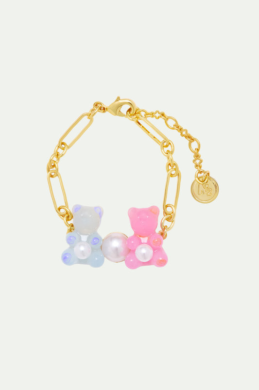 Blue & Pink Teddy Bear Sweet White Imitation Pearl Bracelet