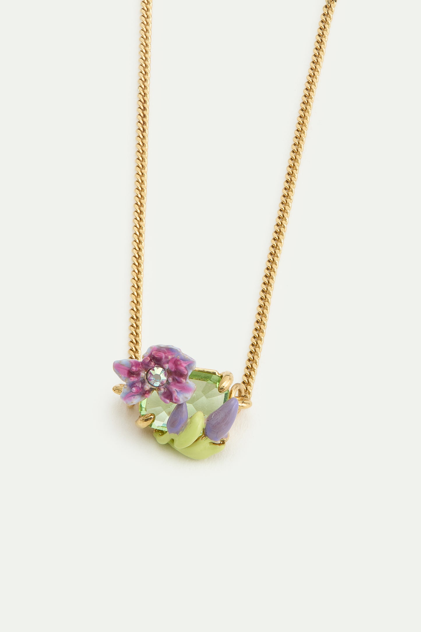 Purple Clematis & Green Emerald-Cut Crystal Pendant