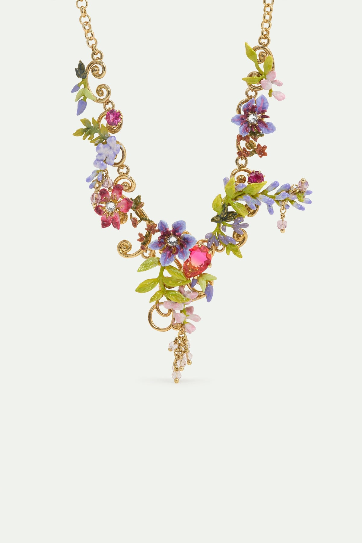Statement Pink & Purple Wisteria On A Golden Ivy Arabesque Necklace | AWMM3011