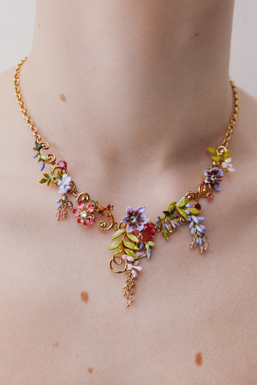 Statement Pink & Purple Wisteria On A Golden Ivy Arabesque Necklace | AWMM3011