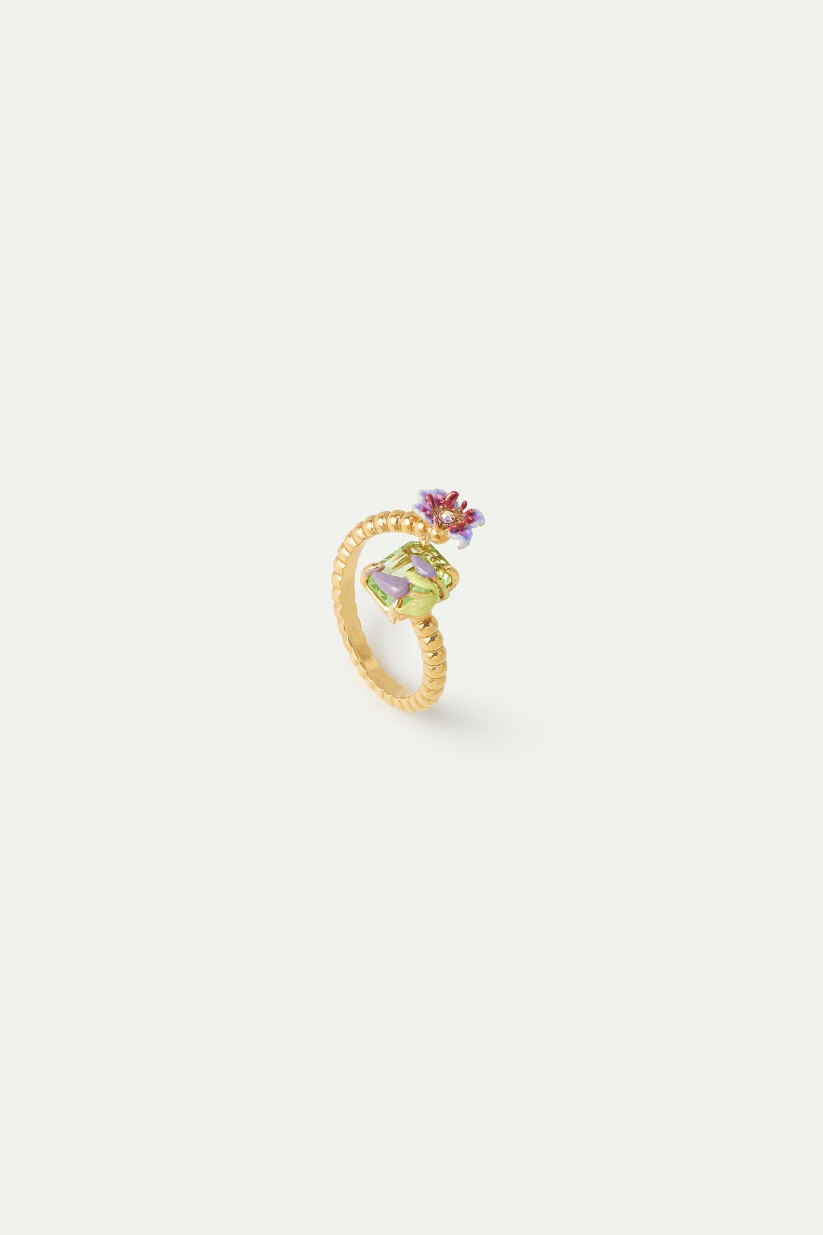 Purple Clematis & Green Emerald-Cut Crystal Ring | AWMM6031