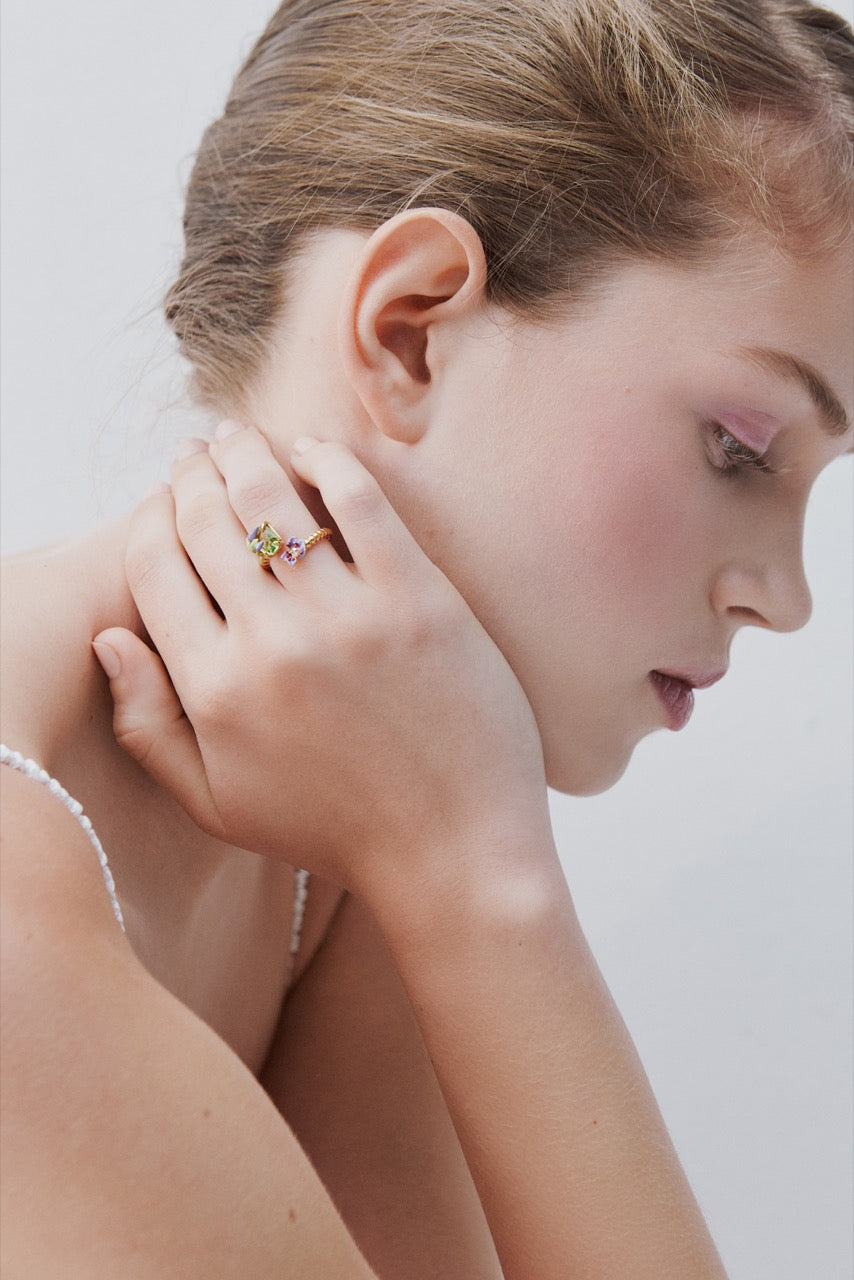Purple Clematis & Green Emerald-Cut Crystal Ring | AWMM6031