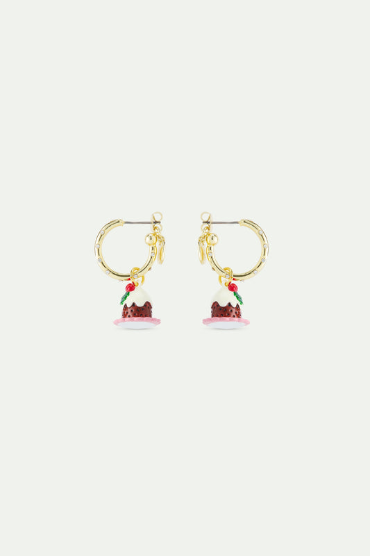 White Rhinestones And Christmas Pudding Charm Hoop Earrings