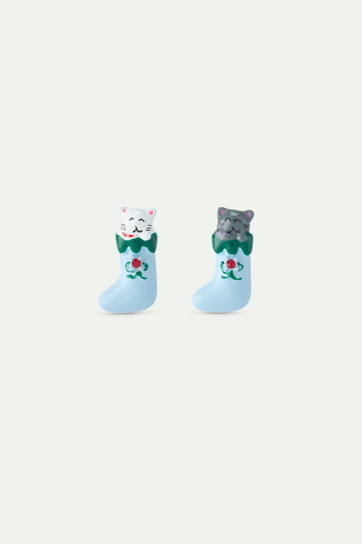 Christmas Stocking Earrings With White And Grey Cats And Red Faceted Crystal | AWWI1091