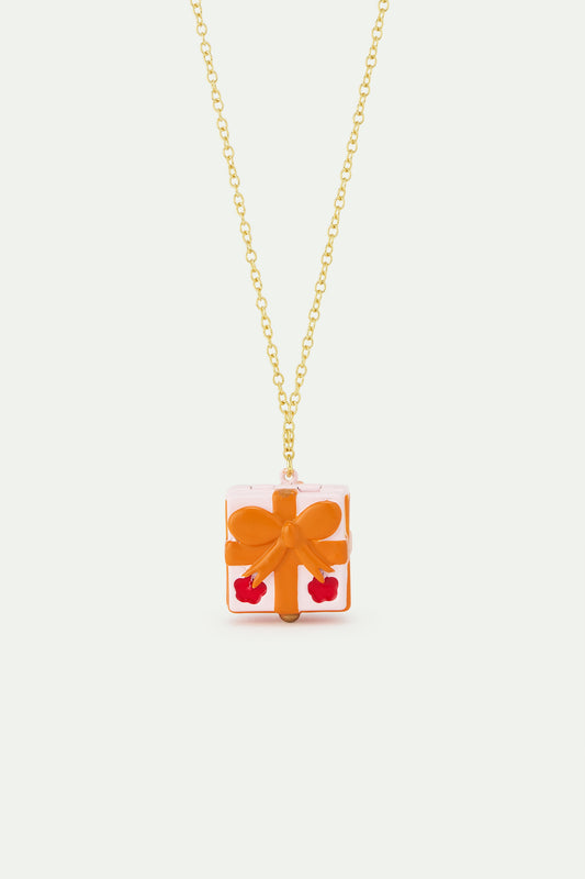 Pendant Necklace With Pink Gift Box, Red Flower And Orange Bow