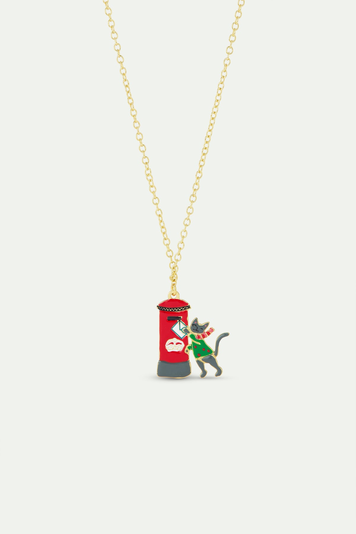Pendant Necklace With London Red Postbox, Card, Grey Cat And Green Jumper | AWWI3041