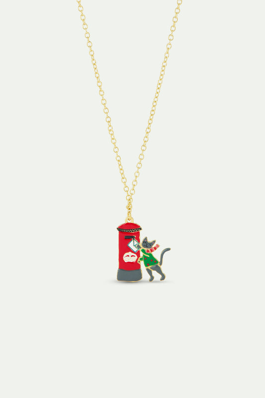 Pendant Necklace With London Red Postbox, Card, Grey Cat And Green Jumper