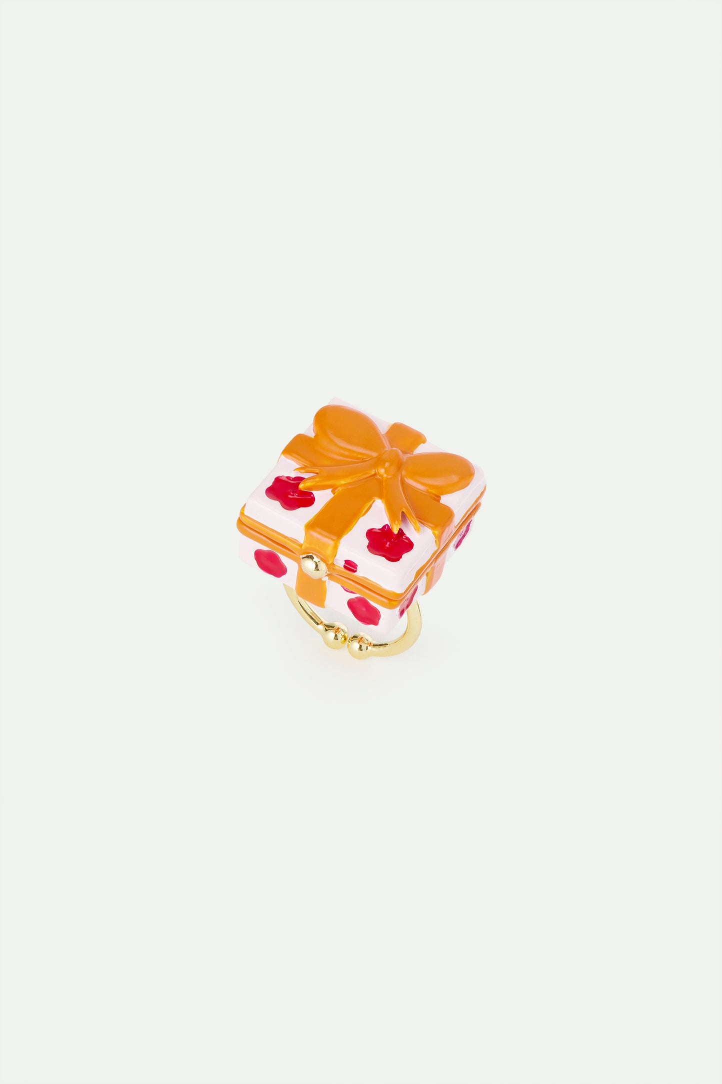 Adjustable Ring With Pink Gift Box, Red Flower And Orange Bow