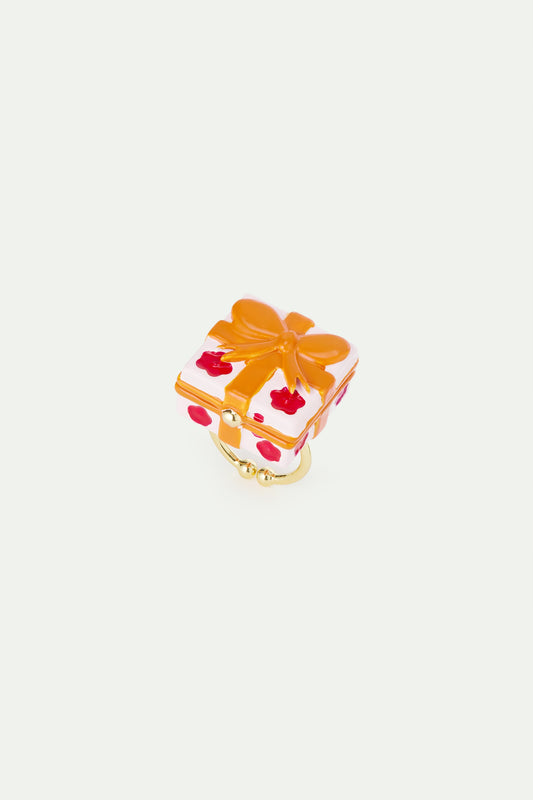 Adjustable Ring With Pink Gift Box, Red Flower And Orange Bow