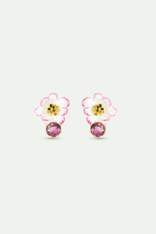 White And Pink Cosmos Flower Earrings With Pink Round Stone | AXAM1031
