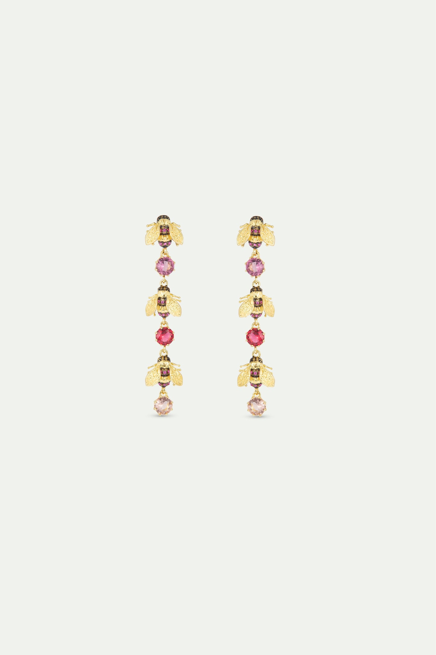 Dangle Earrings With Gold Bees And Pink Round Stones | AXAM1041