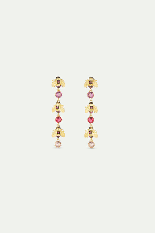 Dangle Earrings With Gold Bees And Pink Round Stones | AXAM1041