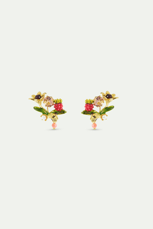 Round Pink Stone Post Earrings, With Gold Bee, Raspberry And Pearls | AXAM1071