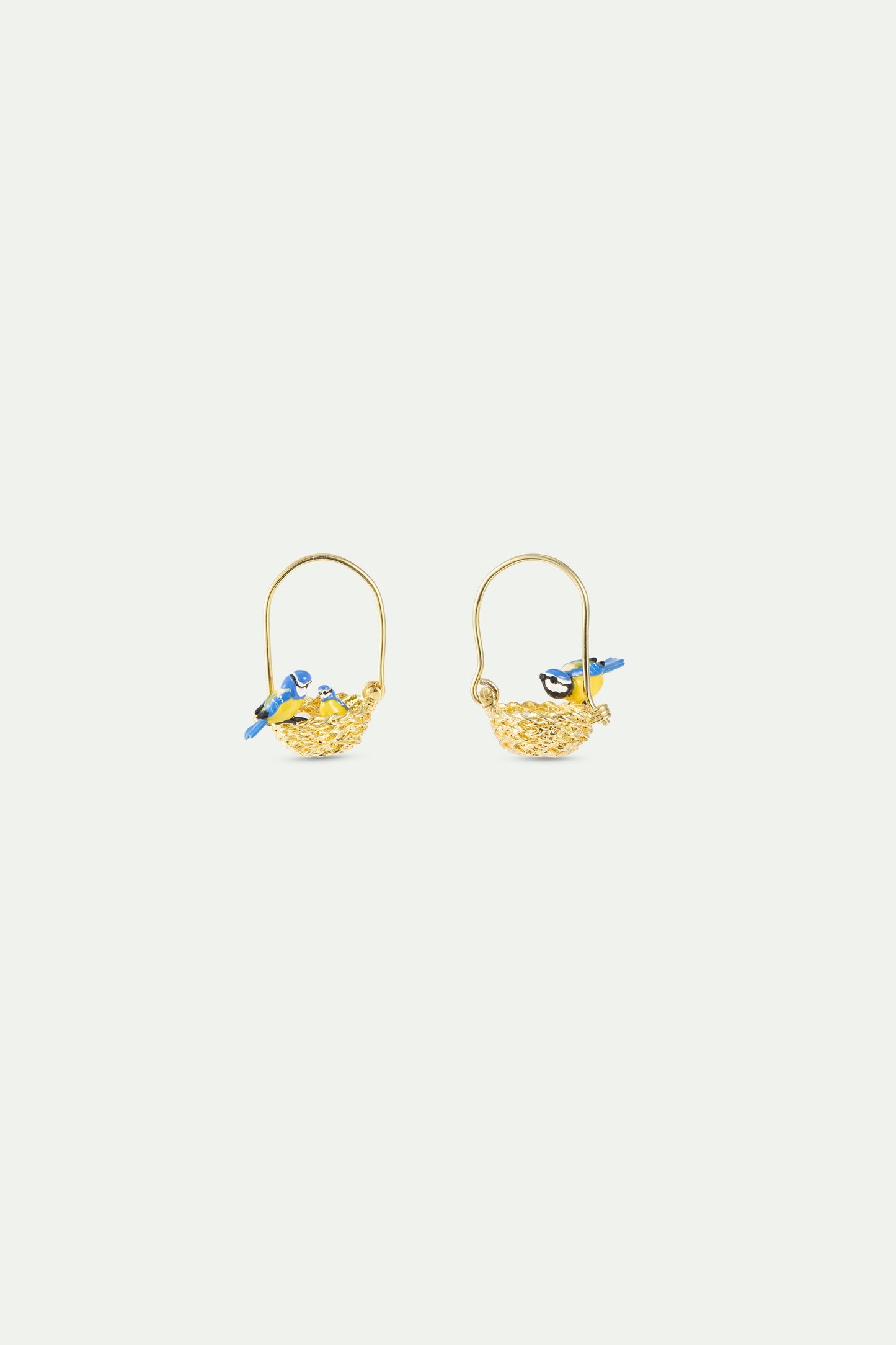 Asymmetrical Hook Earrings With Gold Nest And Blue And Yellow titmice | AXAM1091