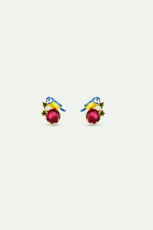 Blue Titmouse And Round Red Stone Sleeper Earrings | AXAM1101