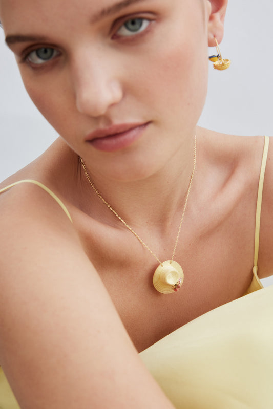 Pendant Necklace With Gold Hat, Cosmos, Bee, Raspberry And Pink Crystal | AXAM3031