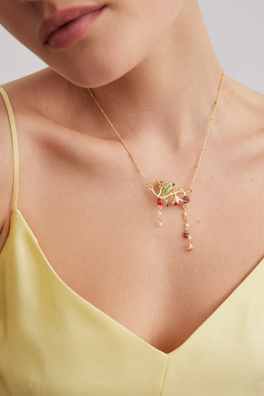Statement Necklace With Flowers, Raspberries, Pink Stone And Pearls | AXAM3041