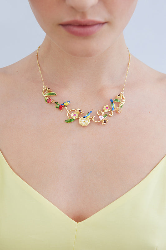 Gold Nest Necklace With Blue Tits, Pearls And Pink Stones | AXAM3051