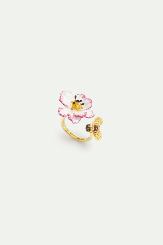 Adjustable Ring With White And Pink Cosmos Flower And Gold Bee | AXAM6011