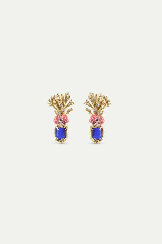 Coral Earrings With Blue Faceted Stone, Pink Flower And Golden Coral | AXMO1041
