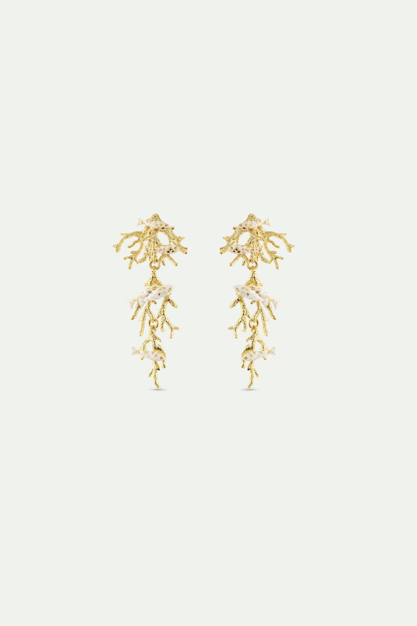 Golden Coral And White Fish Dangle Earrings | AXMO1051