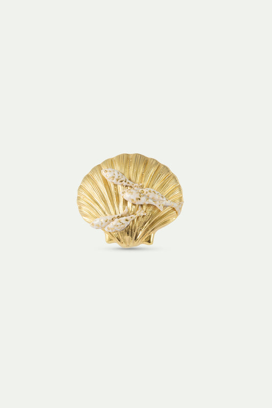 Golden Seashell And White Fish Brooch | AXMO5011