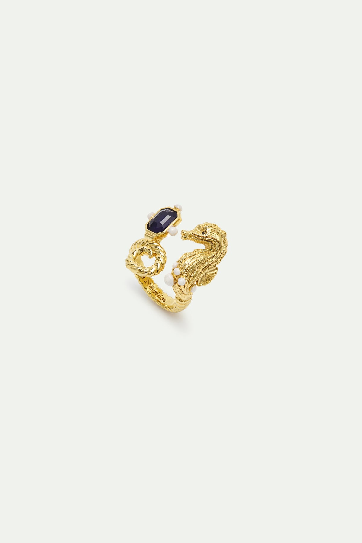 Adjustable Ring With Golden Seahorse And Navy Blue Stone | AXMO6011