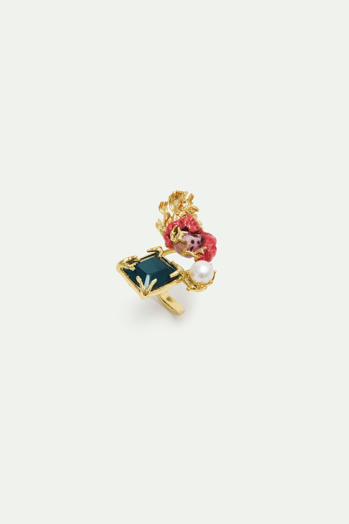 Adjustable Gold Ring With Square Blue Stone, Coral And Pearl | AXMO6021