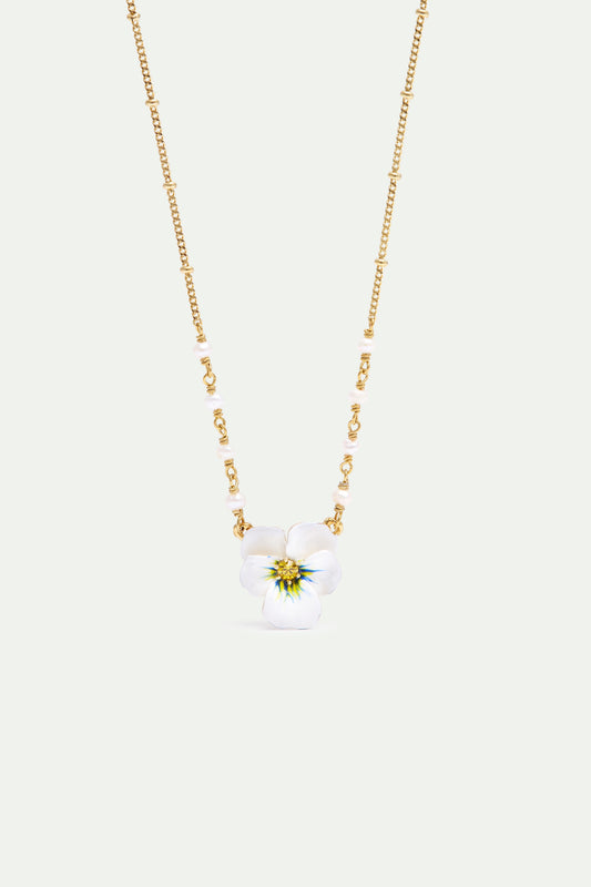 White Pansy And Cut Crystal Necklace | AXMP3081
