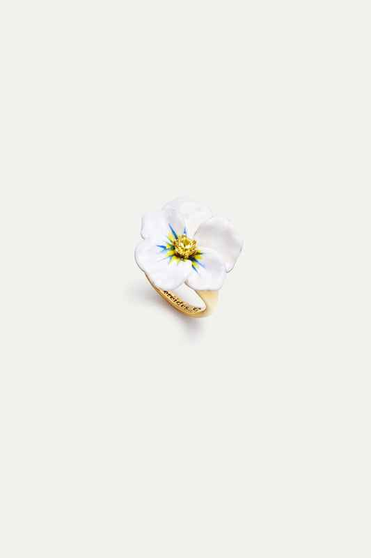 White Pansy And Cut Crystal Cocktail Ring | AXMP6031