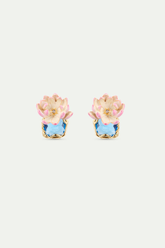 Pink Water Lily And Round Blue Stone Clip-On Earrings | AXON1031