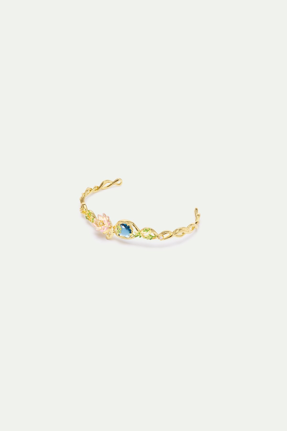 Pink Water Lily And Round Blue Stone Cuff Bracelet | AXON2011