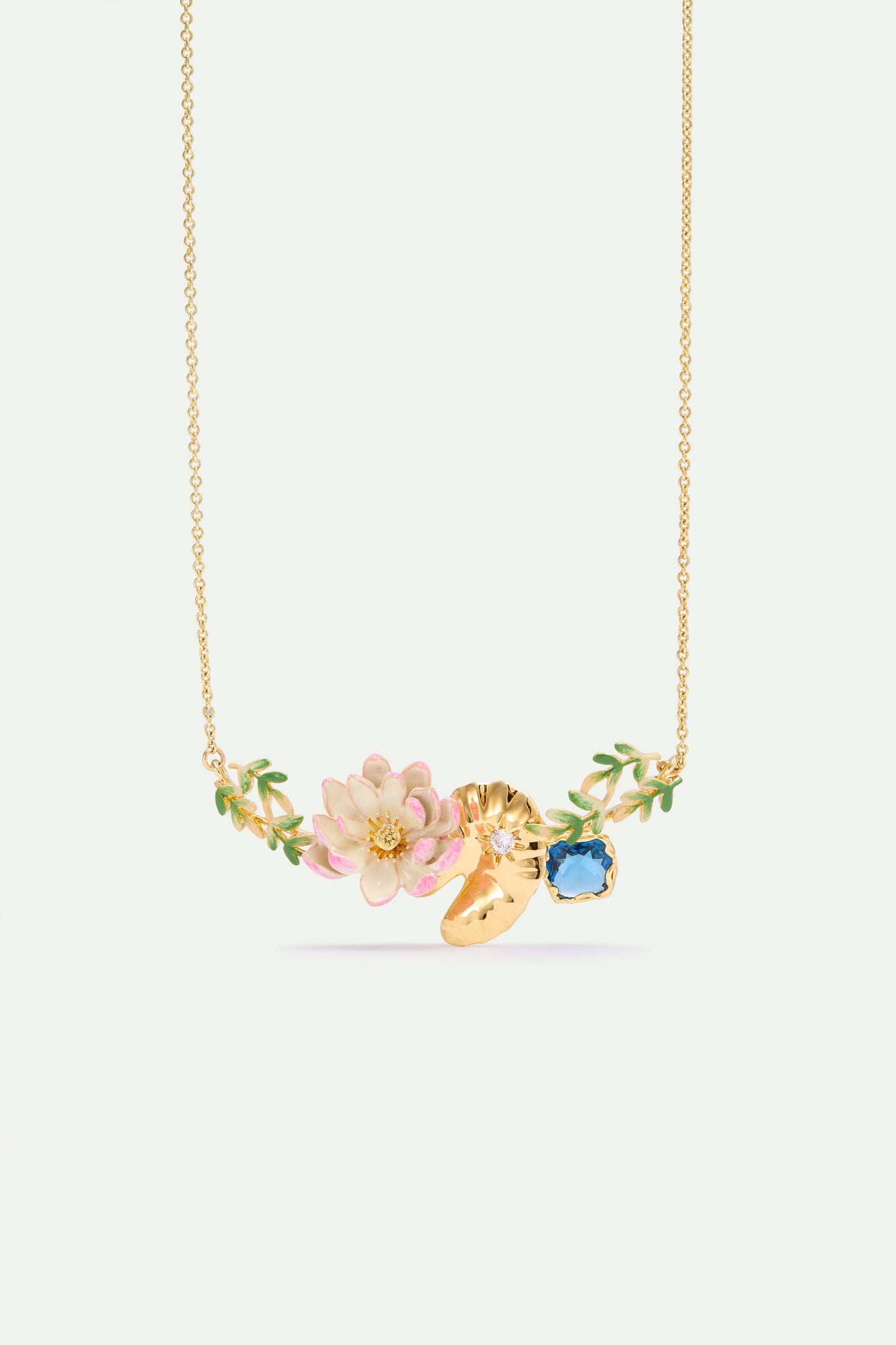 Pink Water Lily, Golden Lotus, And Blue Round Stone Statement Necklace | AXON3021