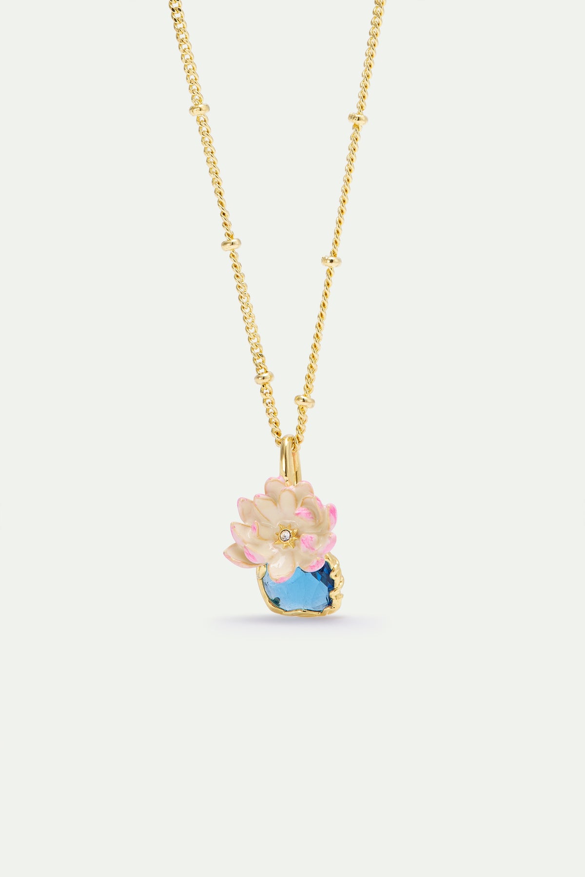 Pink Water Lily And Round Blue Stone Pendant Necklace | AXON3041