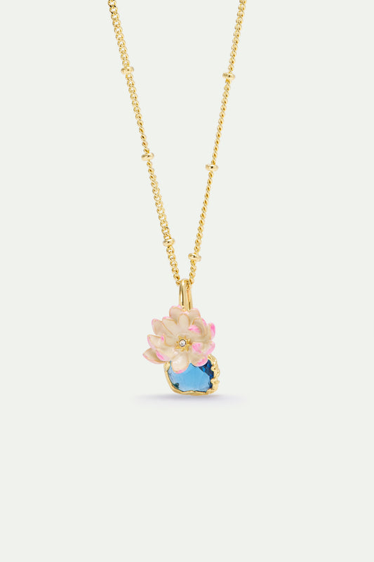 Pink Water Lily And Round Blue Stone Pendant Necklace | AXON3041