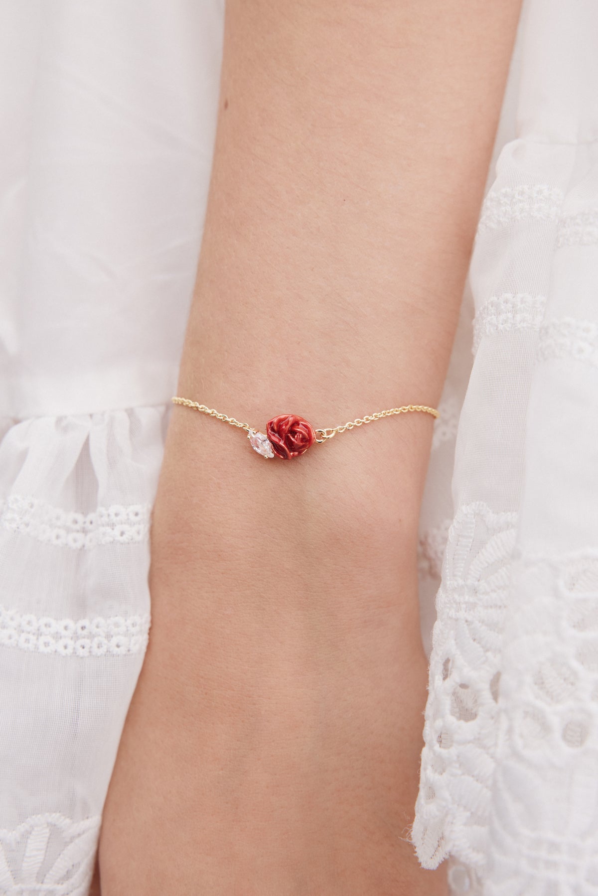Red Rosebud And Cut Crystal Fine Bracelet | AXOP2011