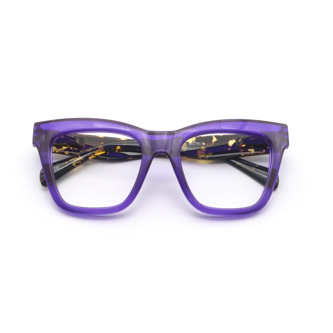 Purple square framed glasses with dark patterned arms and clear lenses