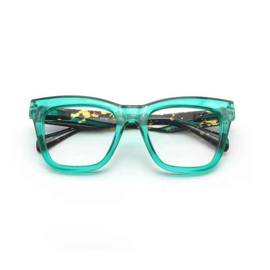 Green square framed glasses with dark patterned arms and clear lenses